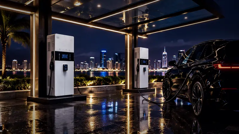 Artist's impression of an EV Hub NG fast-charging station at night in Lagos